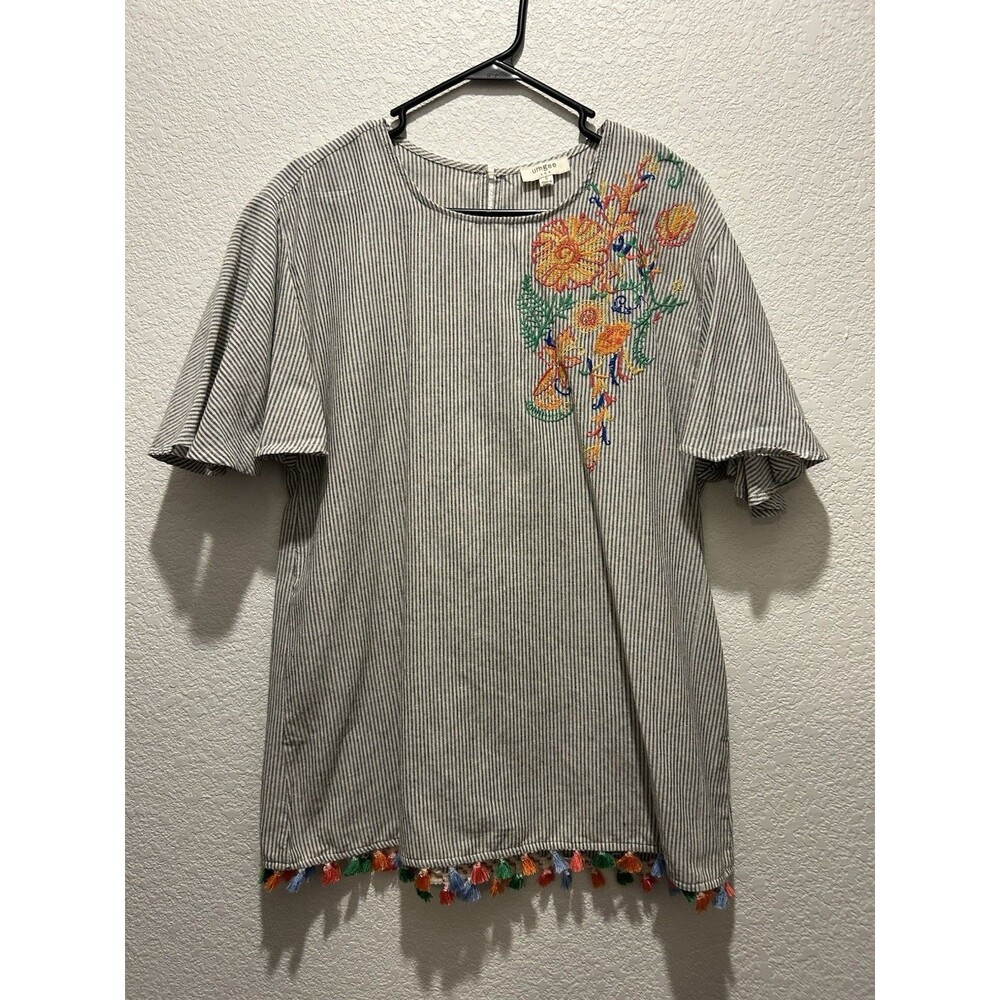 Umgee Dress Womens Small Grey Embroidered Boho Tassel Hem Peasant Tunic Floral